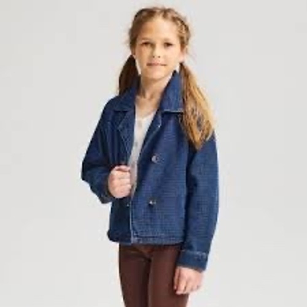 Cat & Jack Girls Dark Wash Denim Chore Jacket XL 14 Textured Chevron Indigo NWT
